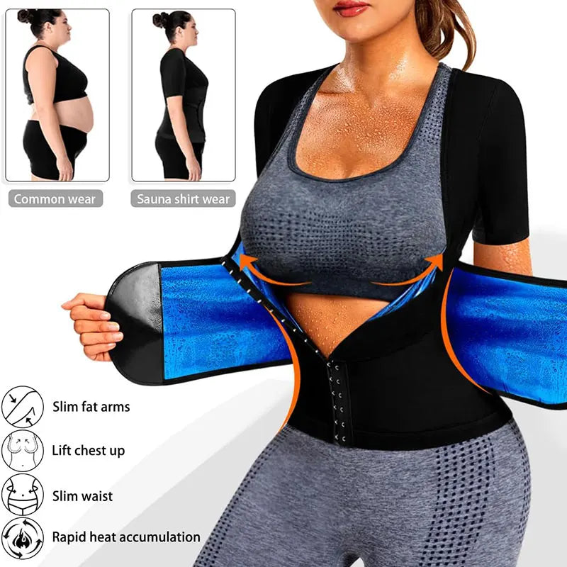 Sauna Suit for Women Slimming Short Sleeve Shirt Sweat Vest Heat Trapping Top Workout Shaperwear with Adjust Belt and Breathable