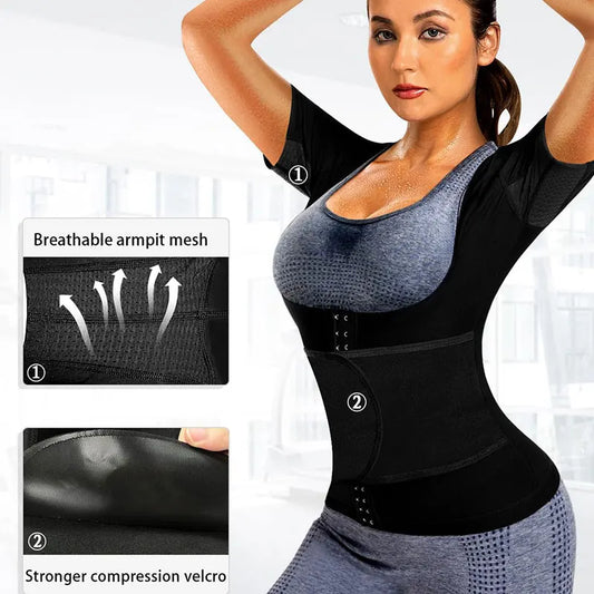 Sauna Suit for Women Slimming Short Sleeve Shirt Sweat Vest Heat Trapping Top Workout Shaperwear with Adjust Belt and Breathable